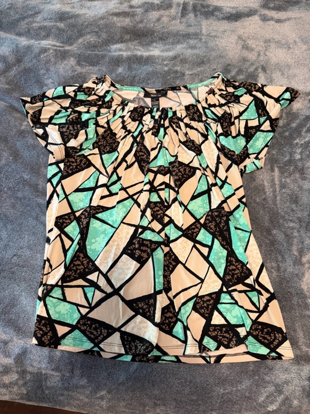 Style & Co. Geometric Flutter Sleeve Top in Mint, Cream & Black